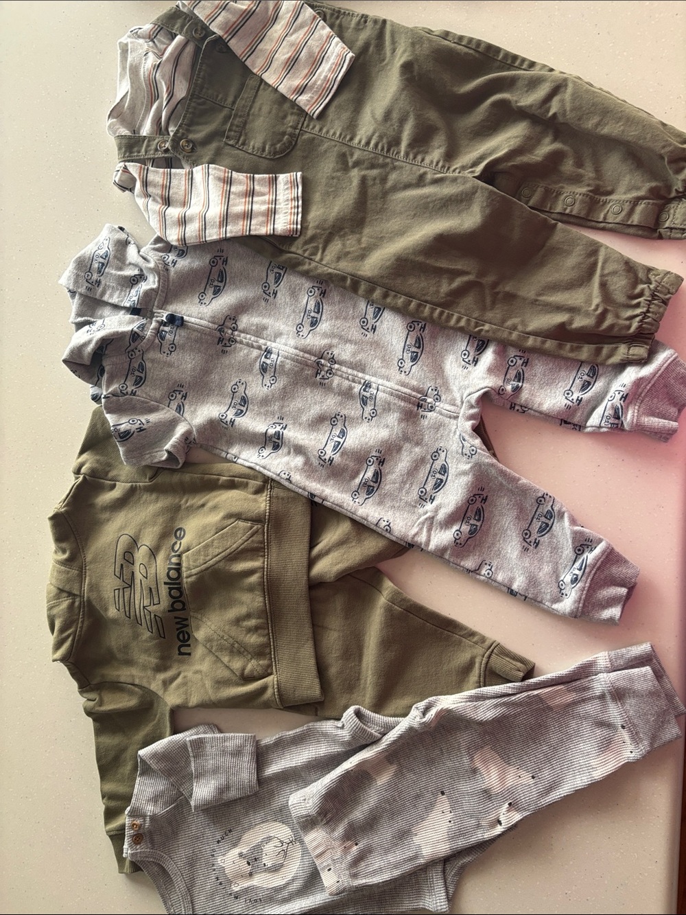 4 outfits-NB Balance Joggers Set, Carters overall, 2-piece and 1-piece sets